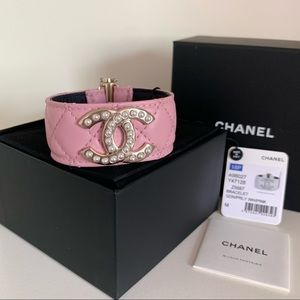 Chanel pink quilted pearl cuff bracelet